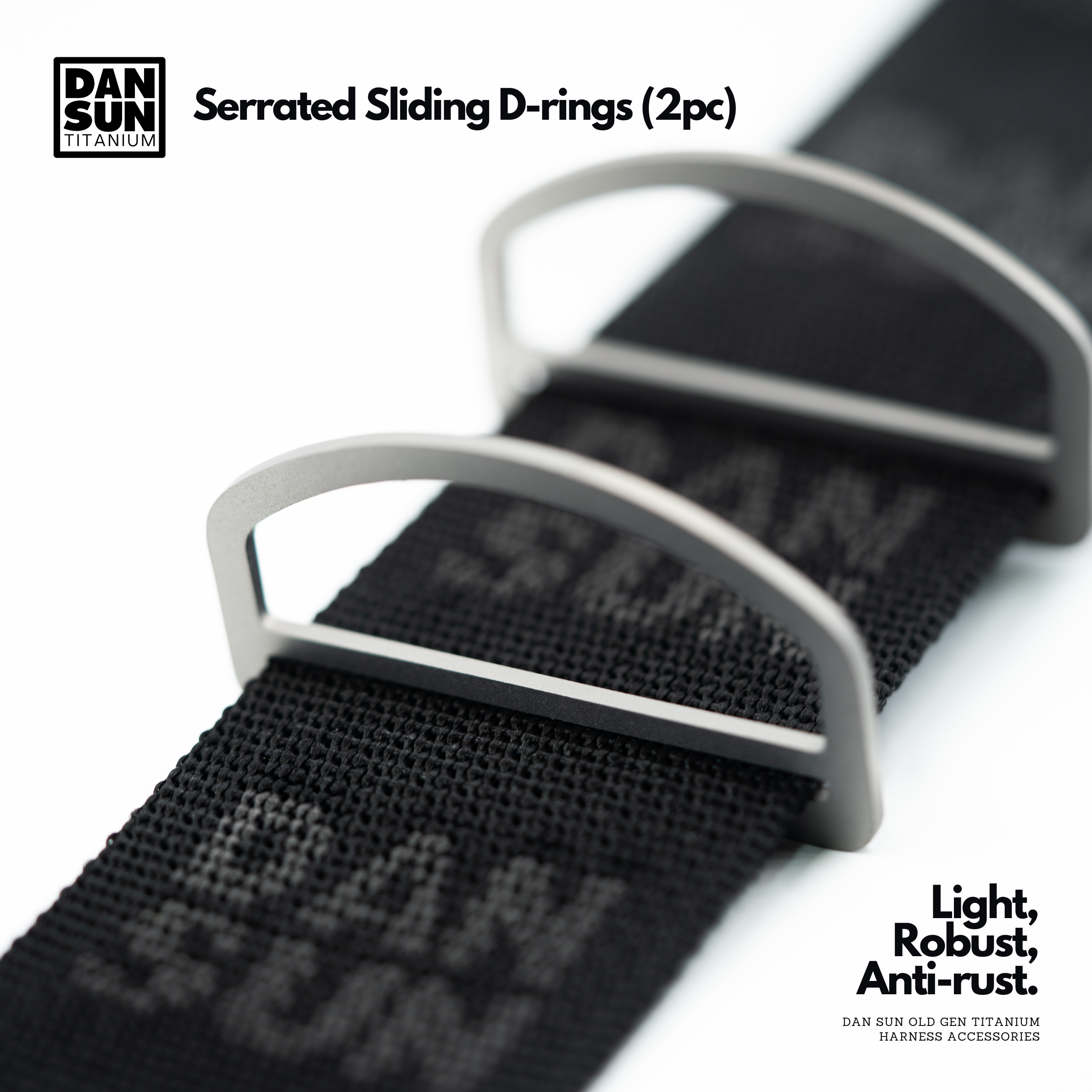 Titanium serrated sliding D-rings on DanSun webbing