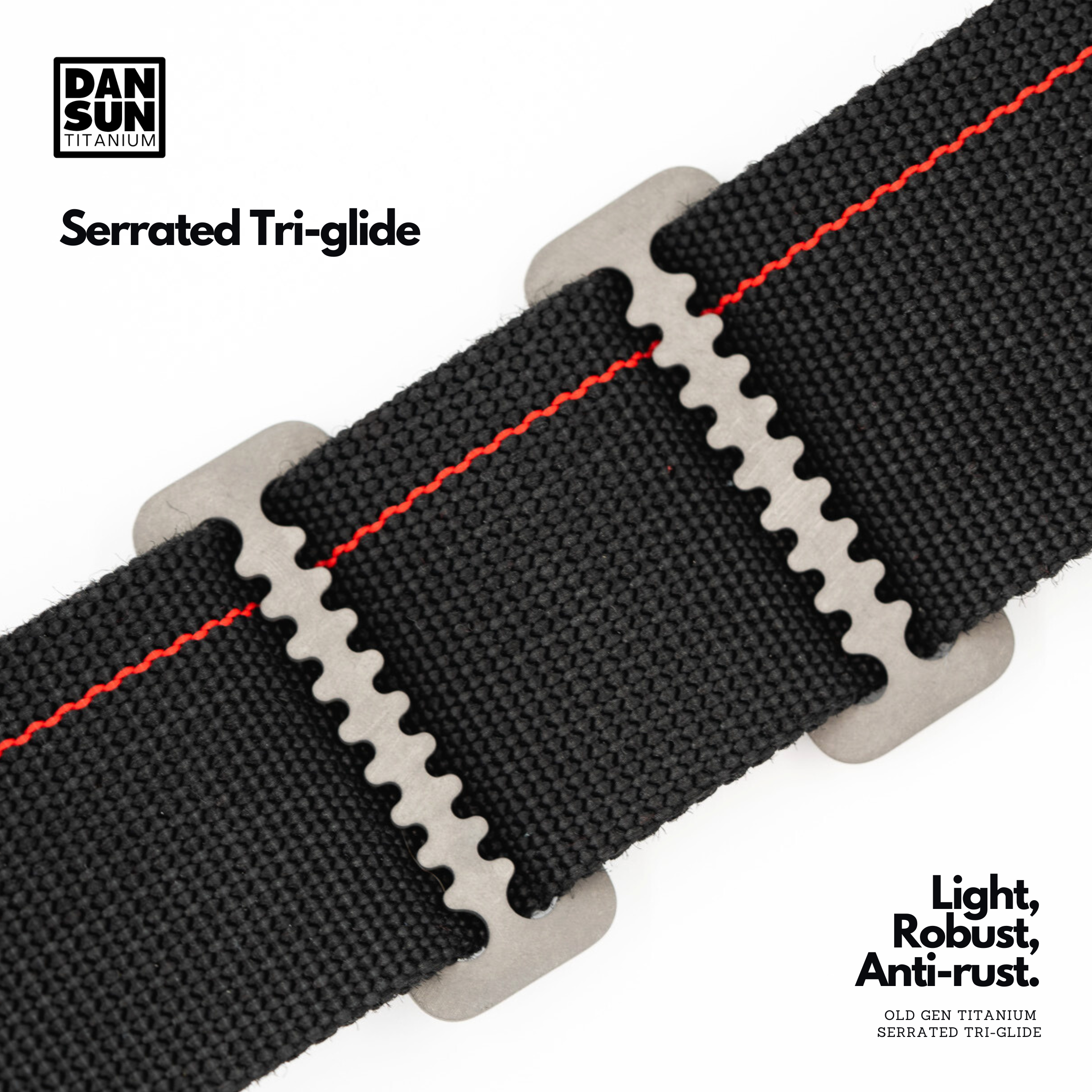 DanSun titanium serrated tri-glides on black webbing