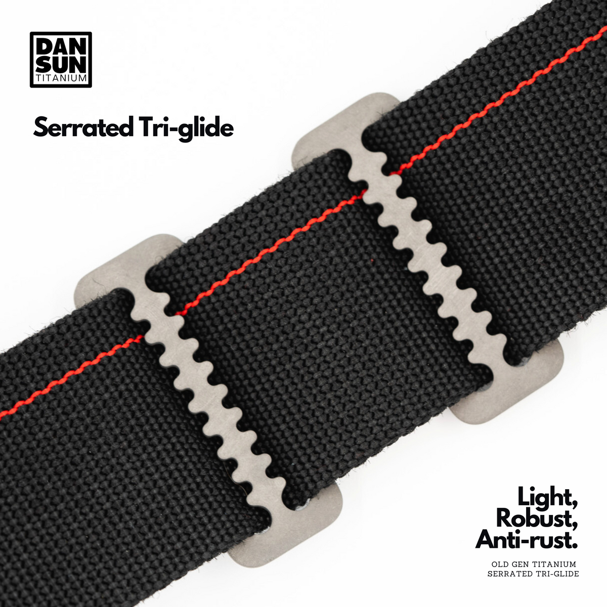 DanSun titanium serrated tri-glides on black webbing