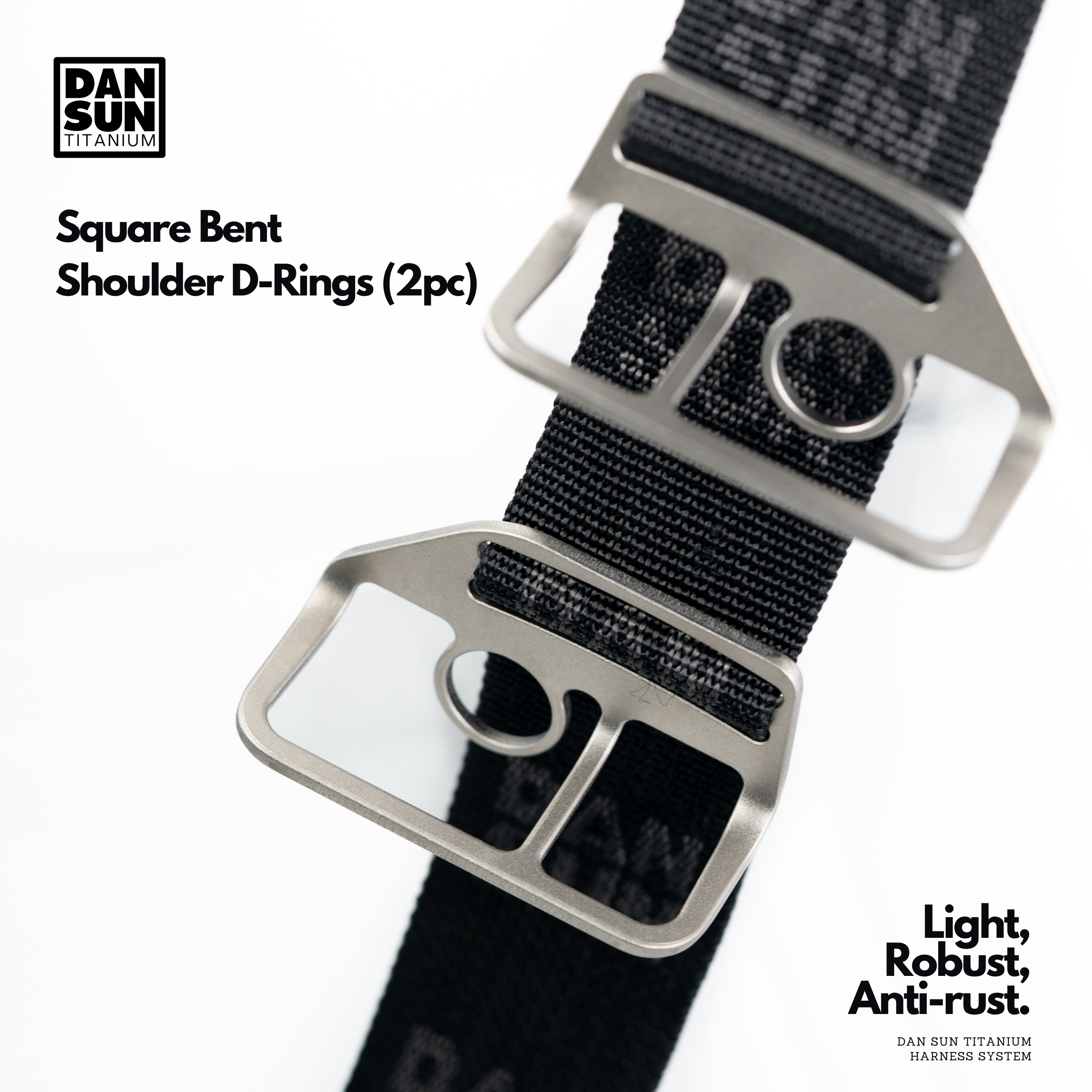 Titanium bent shoulder D-rings on DanSun webbing, front view