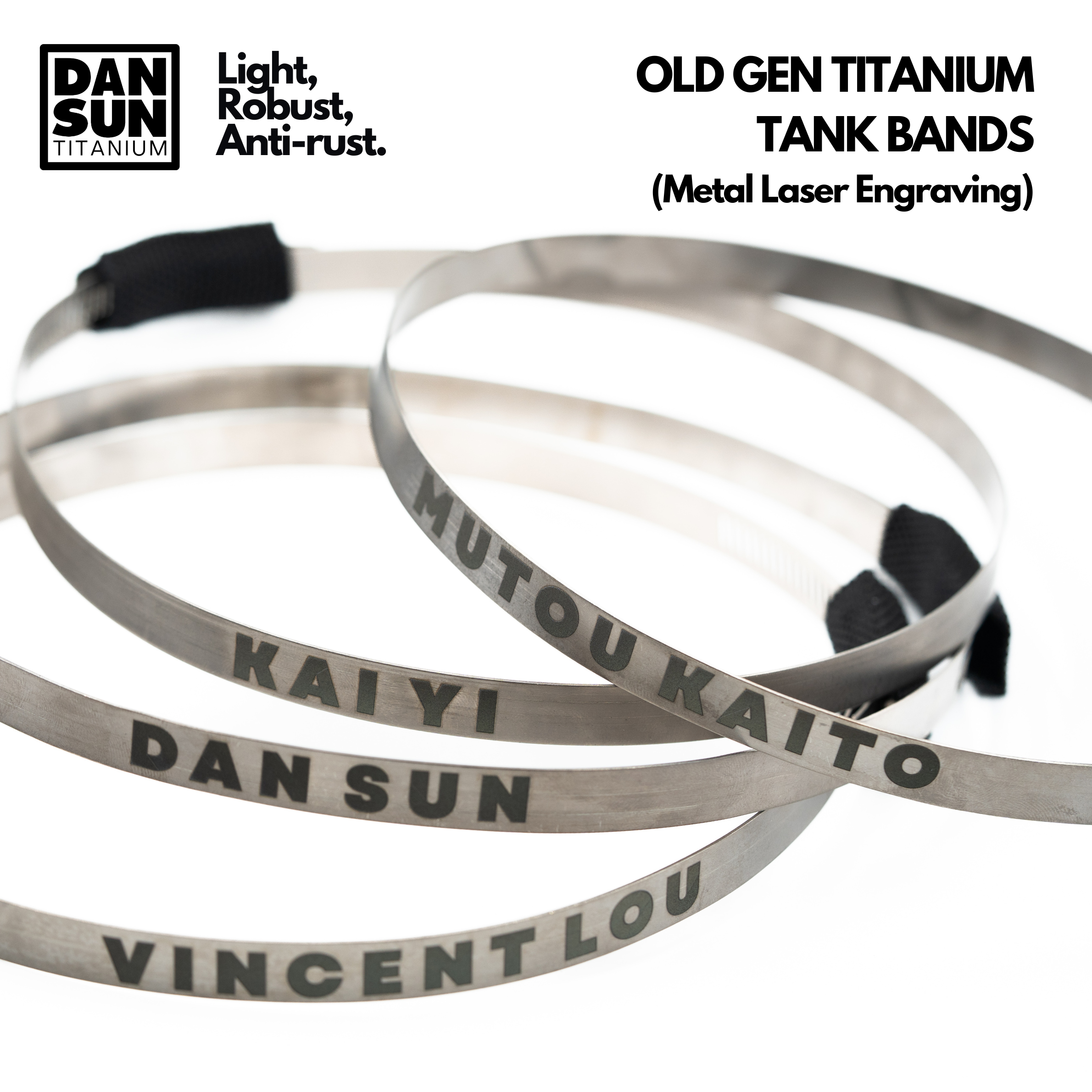 Titanium tank bands with custom metal laser engraved names
