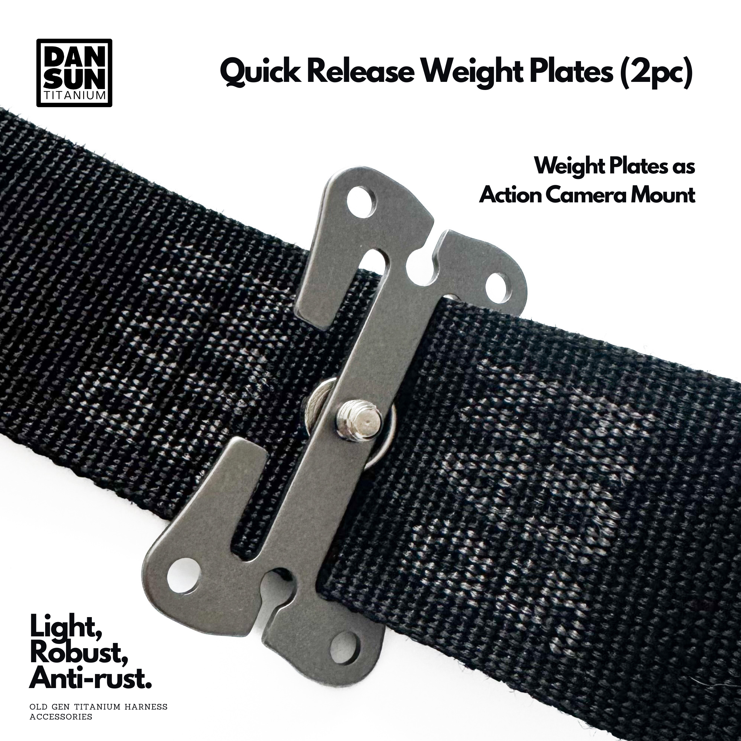 Titanium weight plate as an action camera mount on webbing