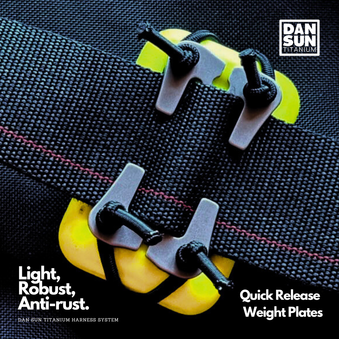 Weight plates holding yellow soft weights on harness webbing
