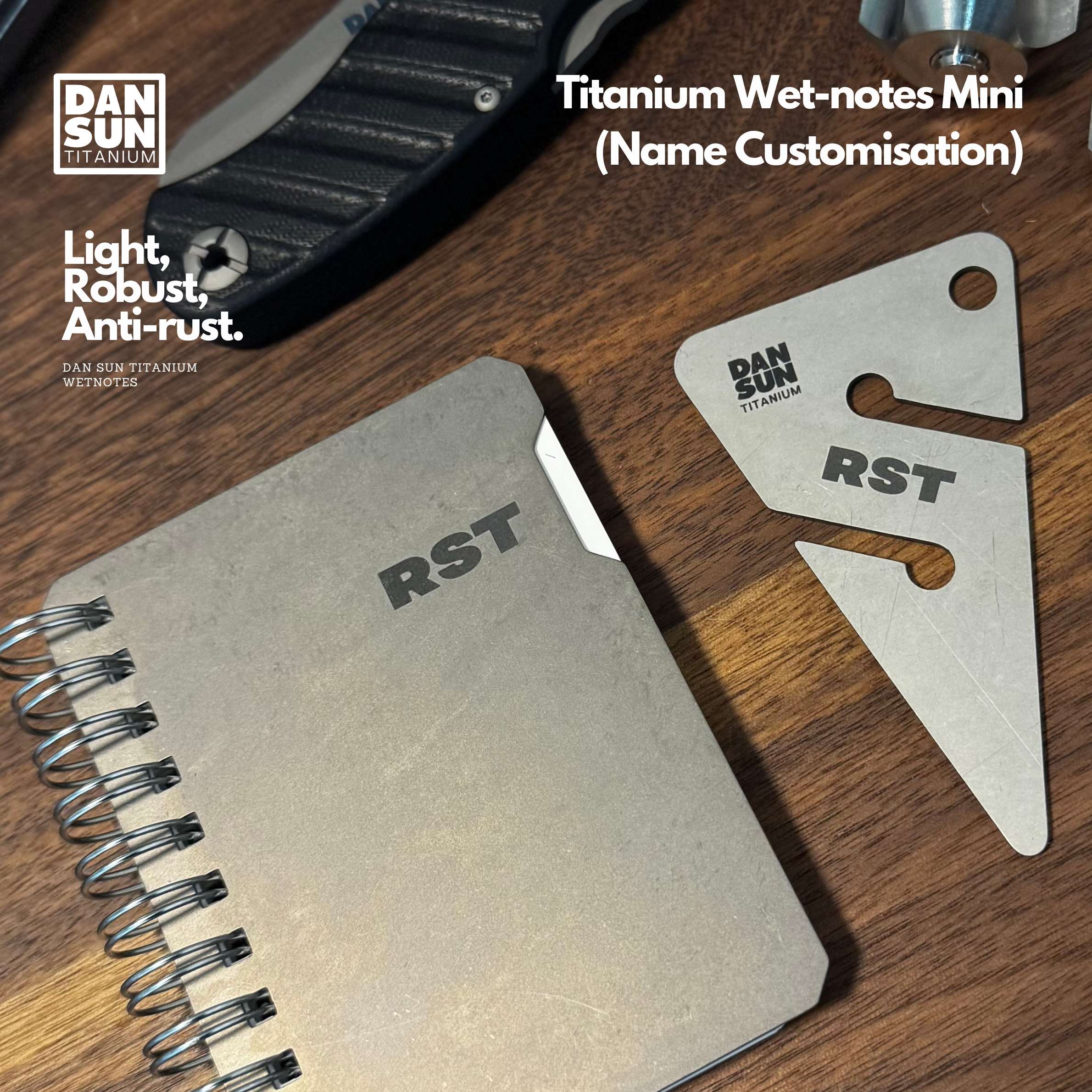 Mini titanium wetnotes with laser engraved name