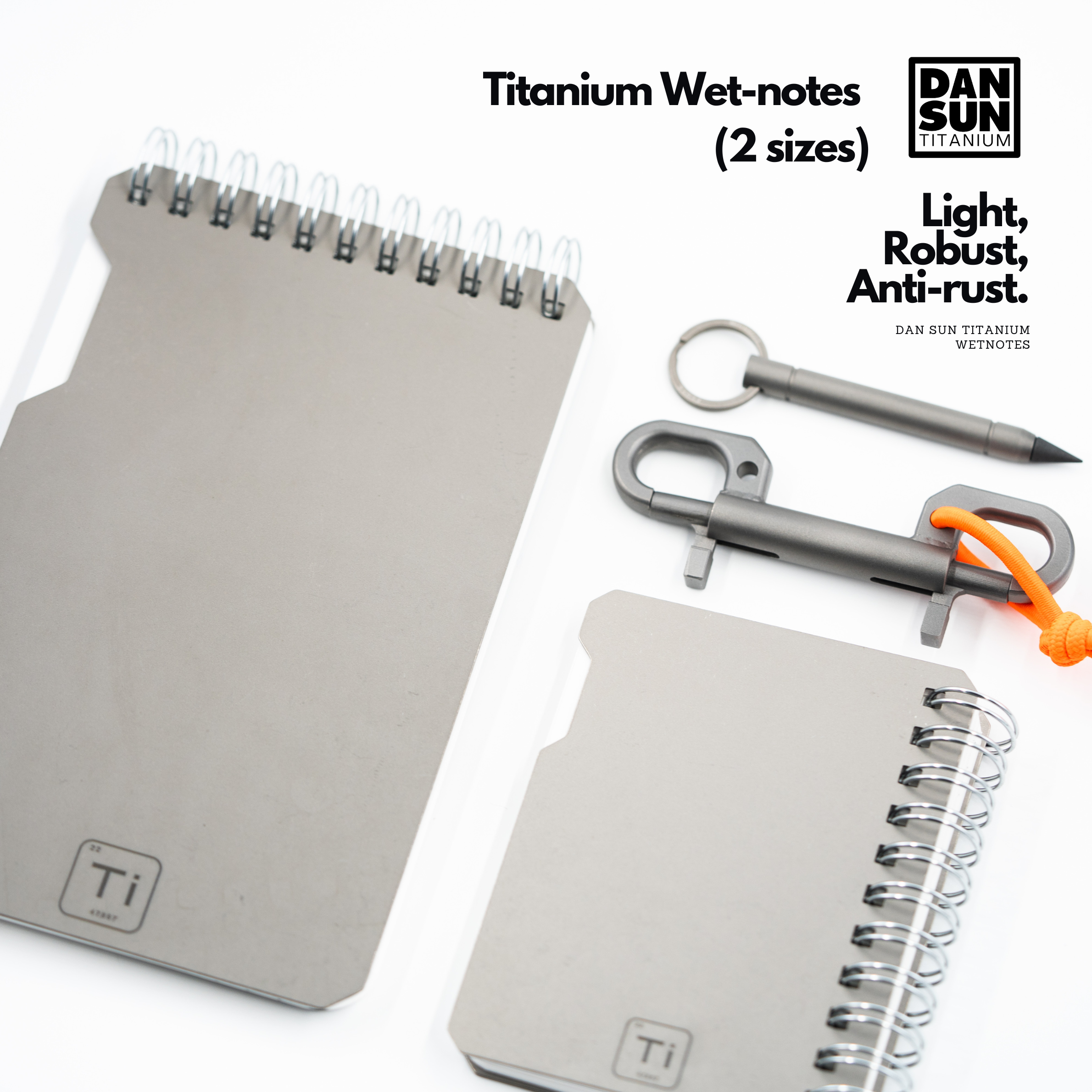 Titanium wetnotes in two sizes with accessories