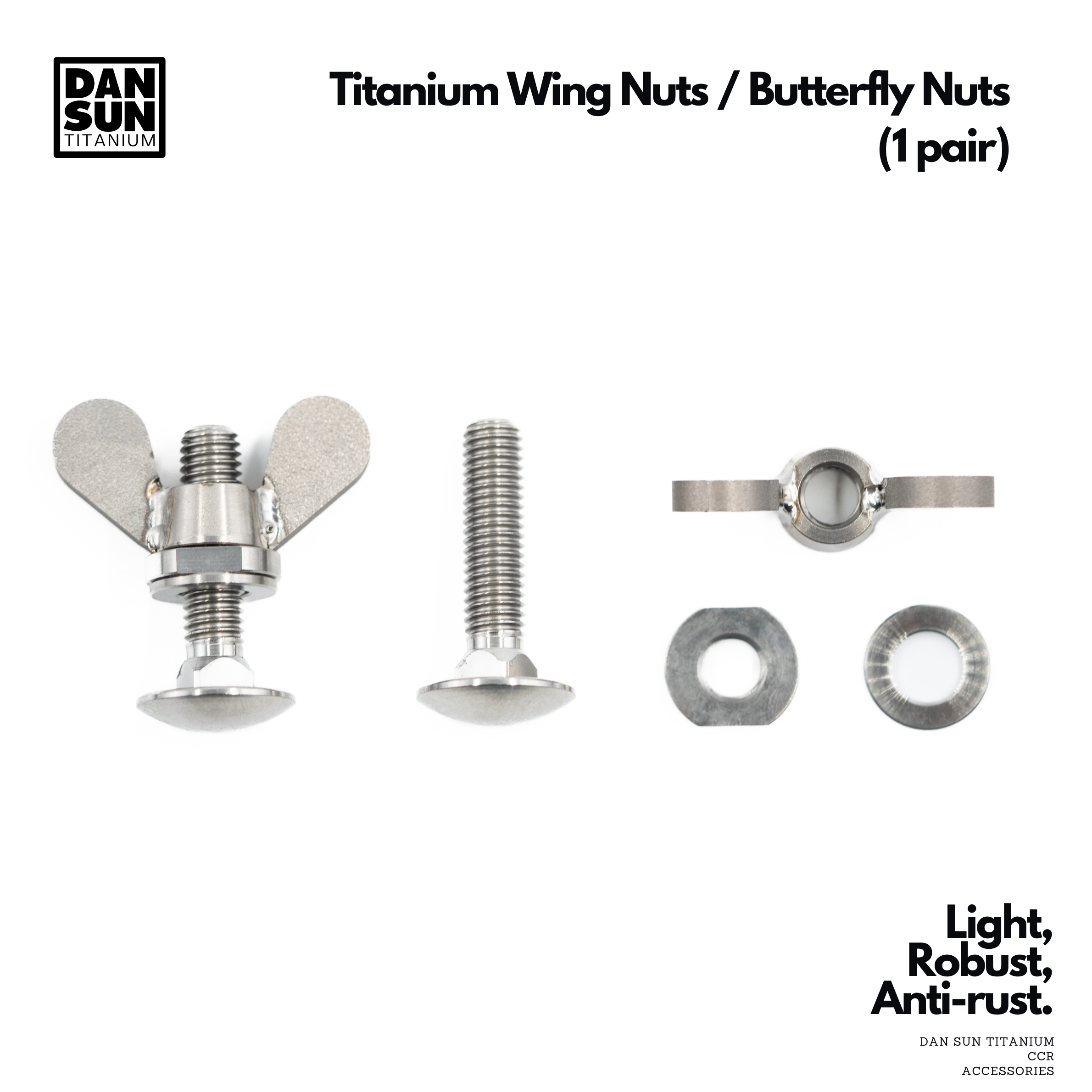 Titanium wing nut, bolt and washers laid out