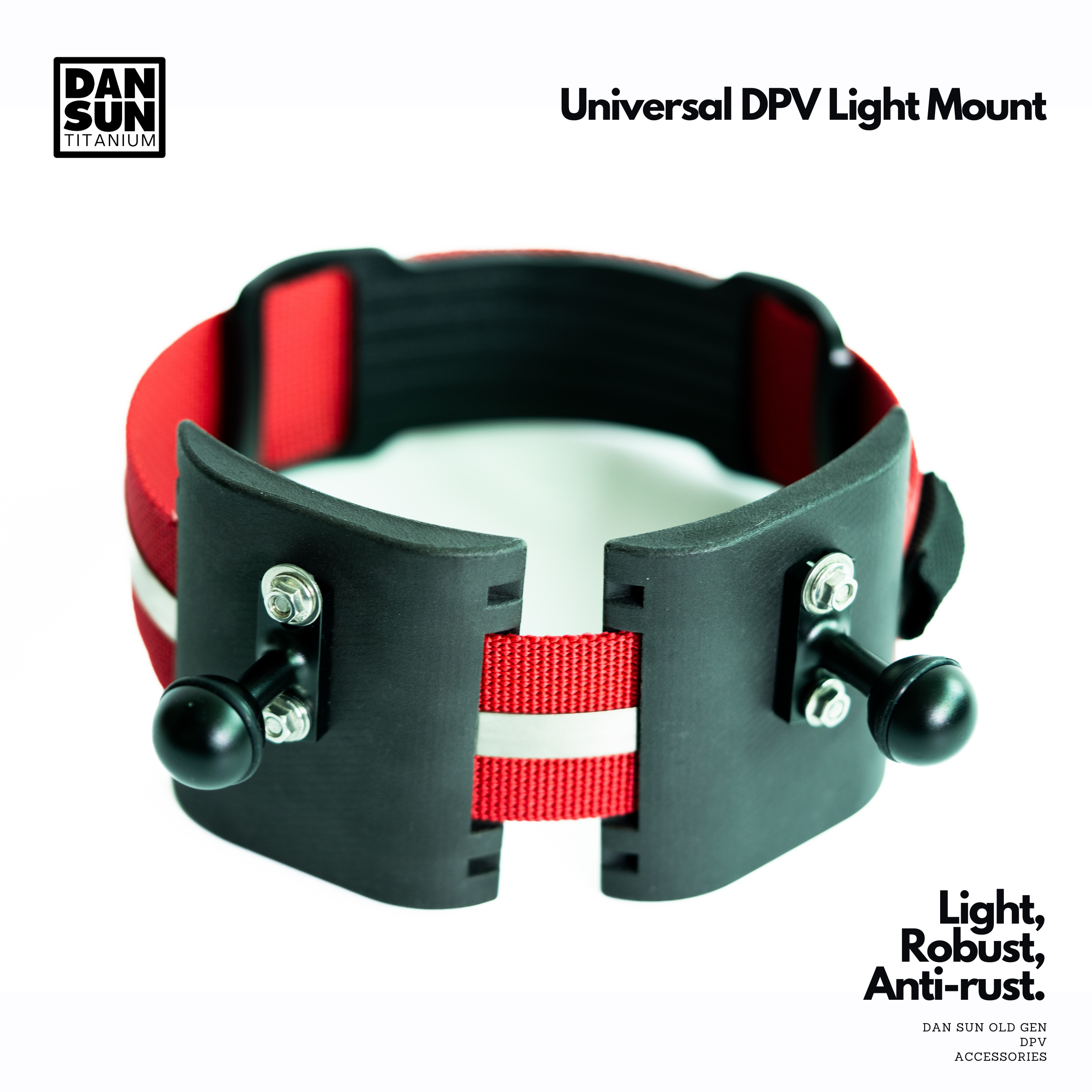 Universal DPV light mount with red and white webbing, two ball mounts