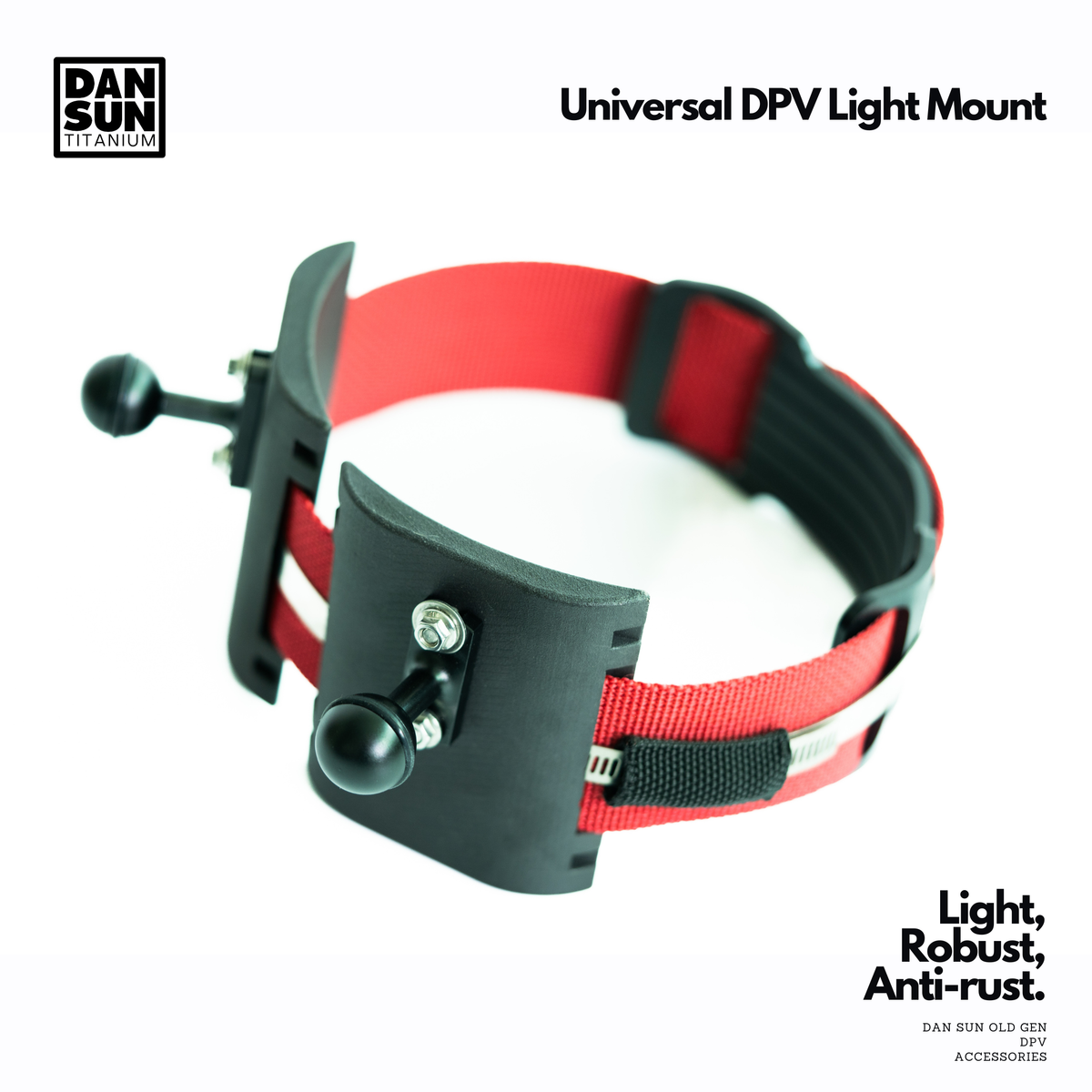DanSun universal DPV light mount with red webbing and ball mount