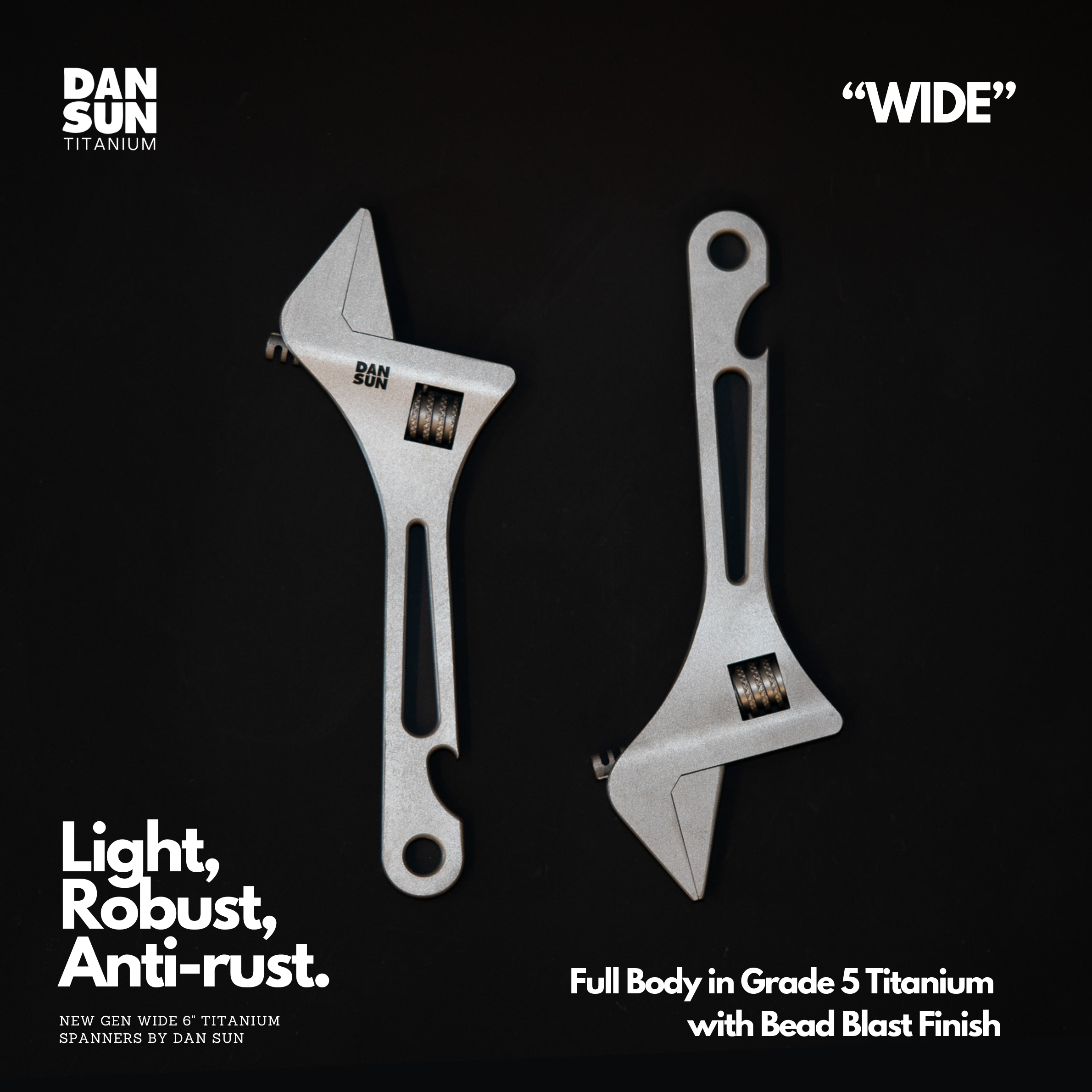 Full-body Grade 5 titanium WIDE spanners with bead blast finish
