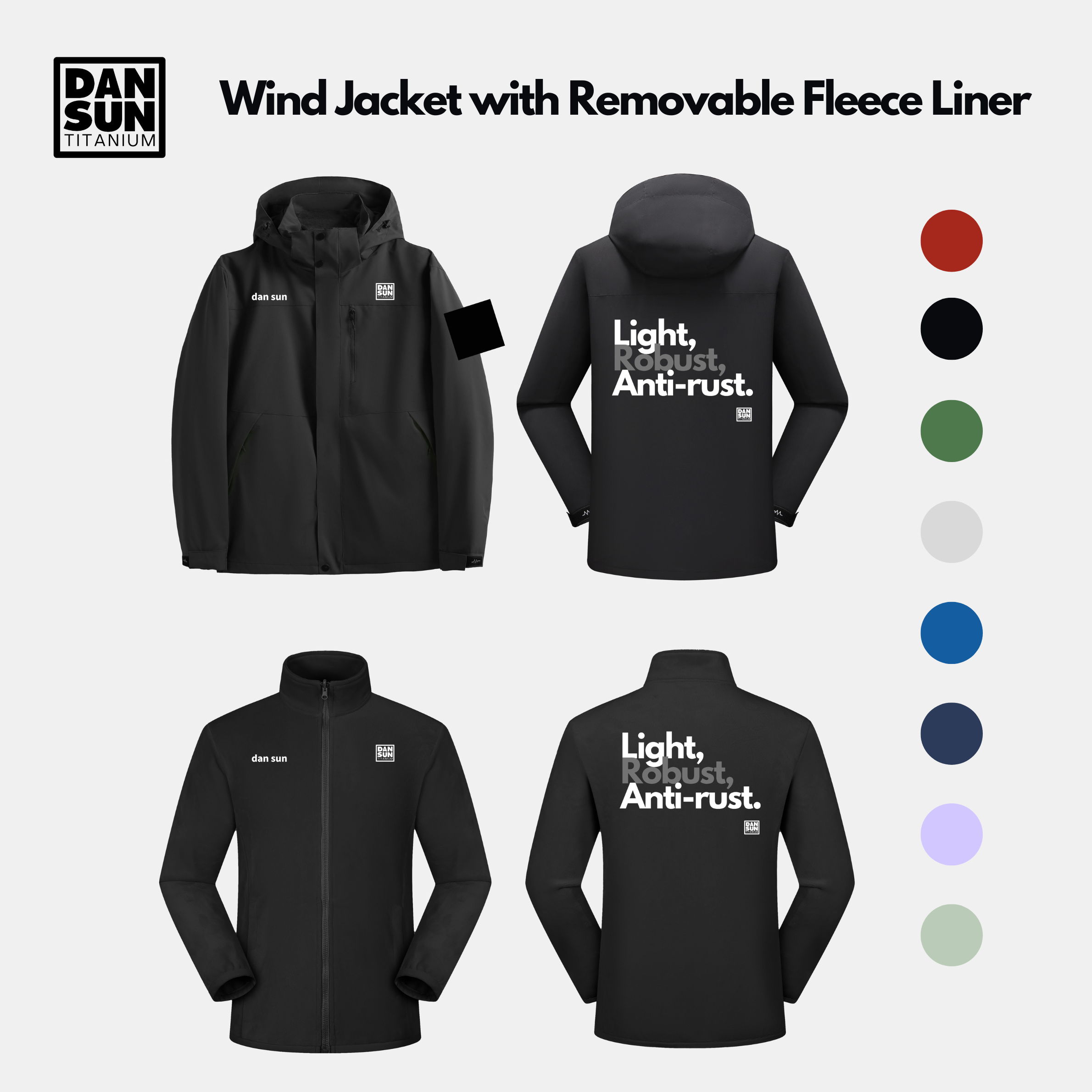 Black wind jacket and fleece, front and back with slogan