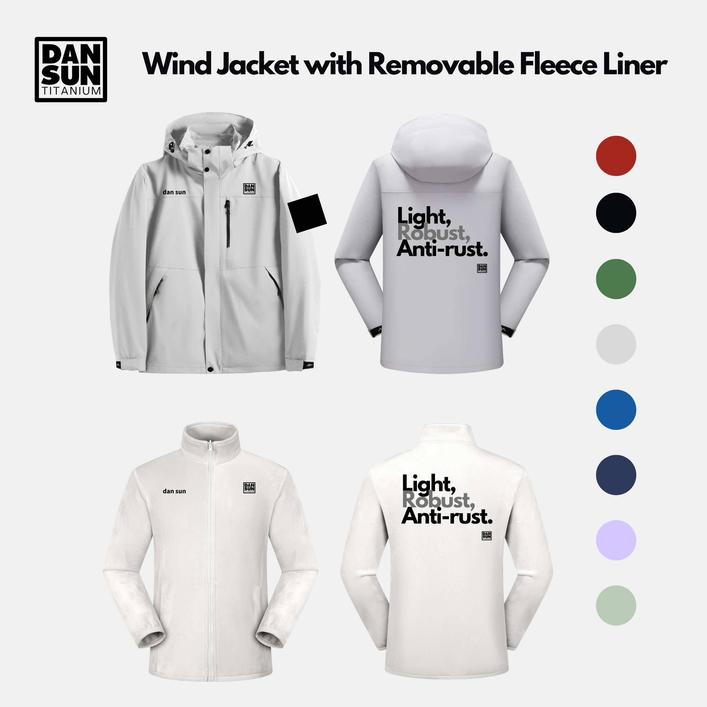 Grey wind jacket and white fleece, front and back