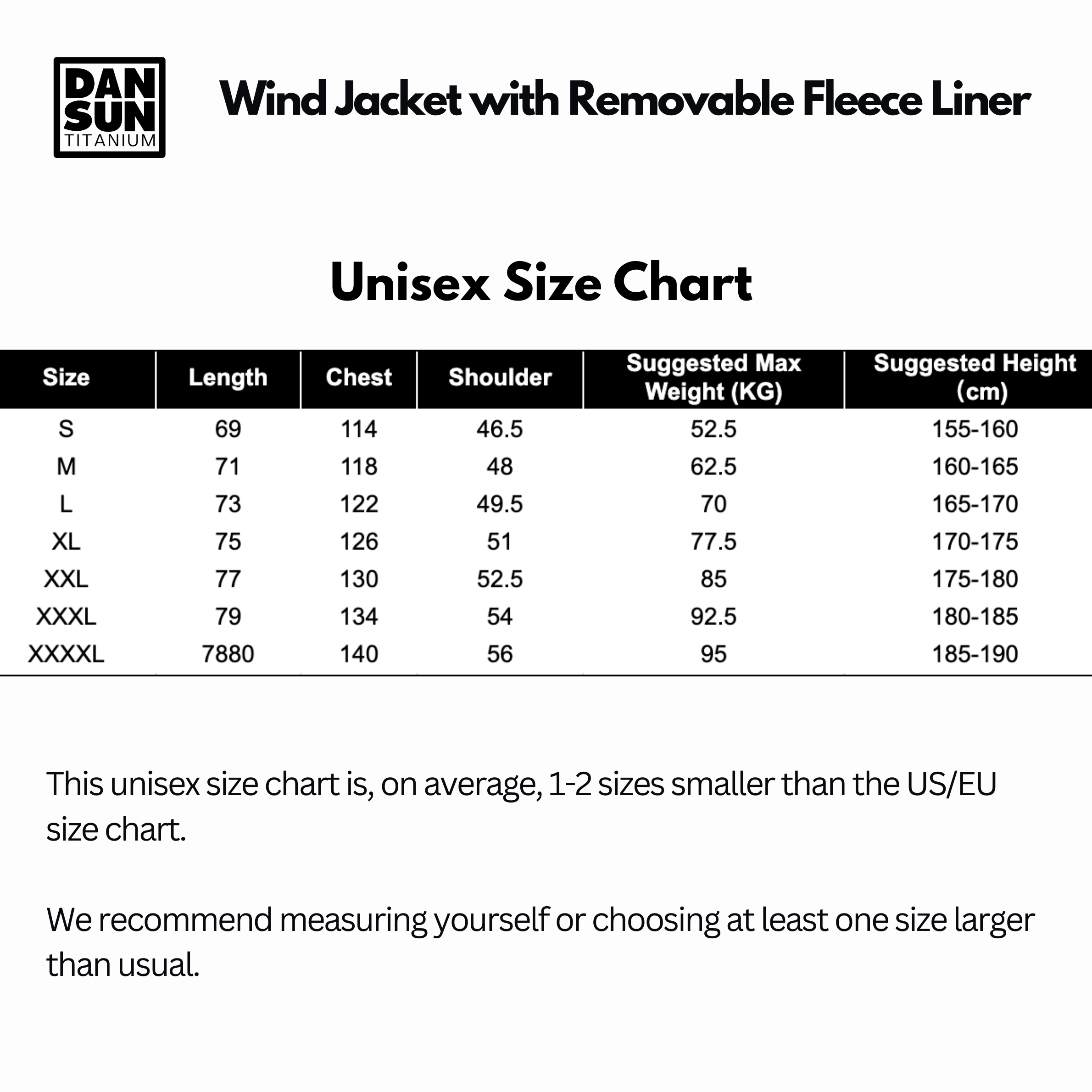 Unisex size chart for the DanSun wind jacket