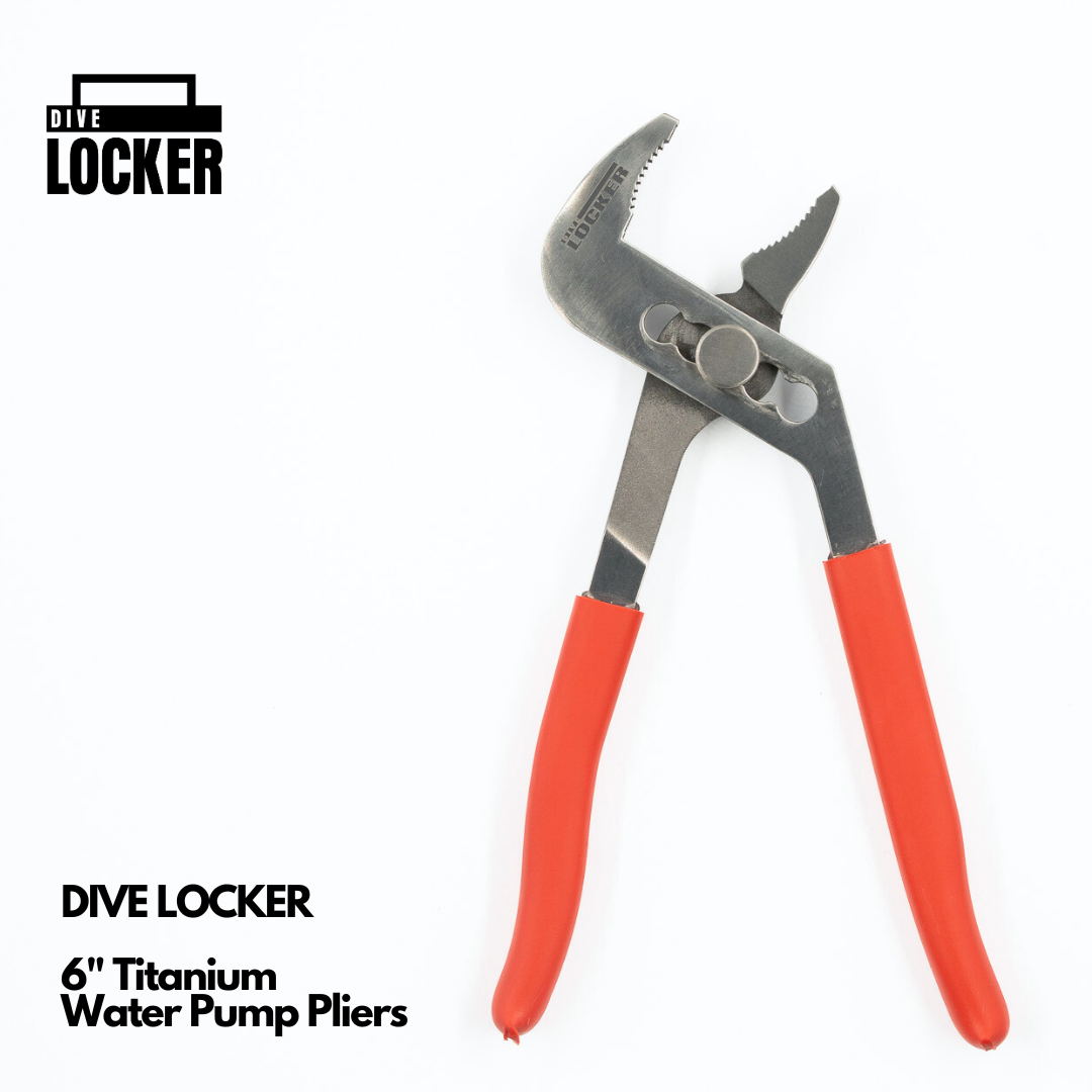 Titanium water pump pliers with red handles, open