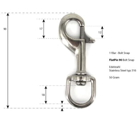 Dluxe 90 mm stainless steel bolt snap with measurements for the quick release clip