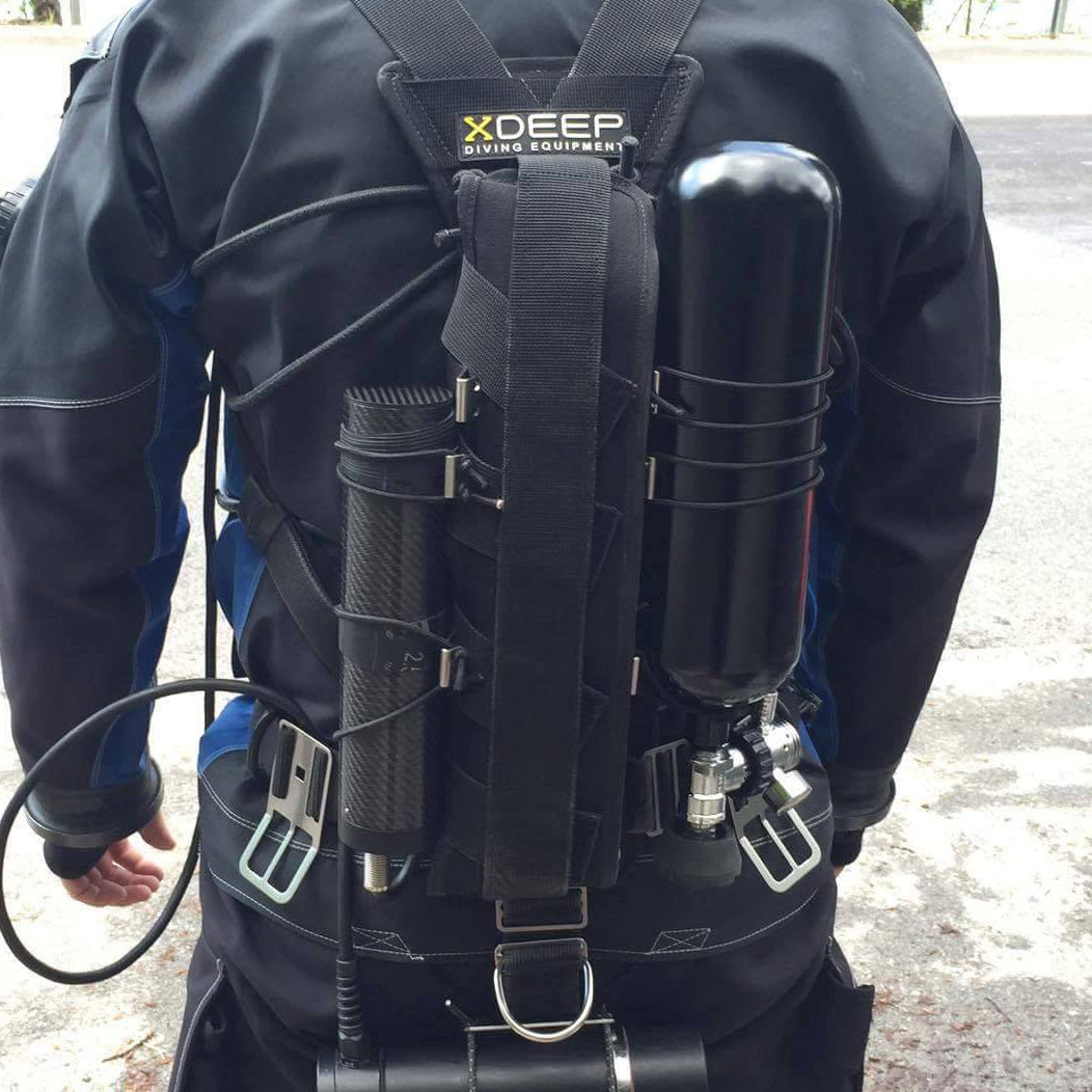 Argon cylinder mounted on an XDEEP sidemount rig with the clamp