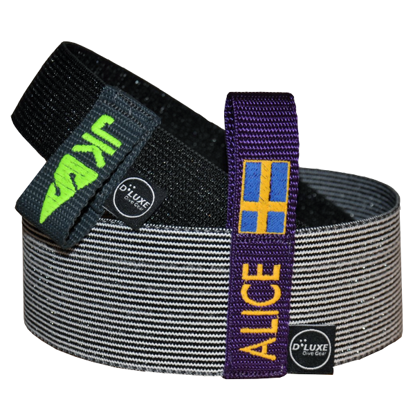 Dluxe Iconed tank straps with names ALICE and JK and a Swedish flag