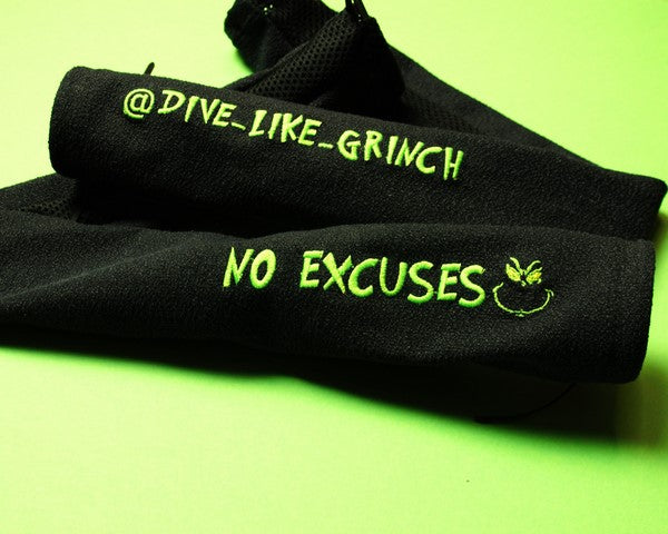 Loop hose cover with green text embroidery