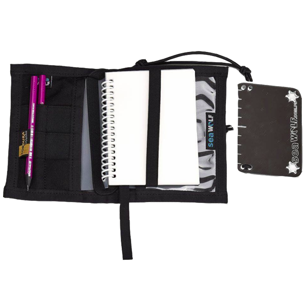 Open wet notes with pages, pencil and pockets