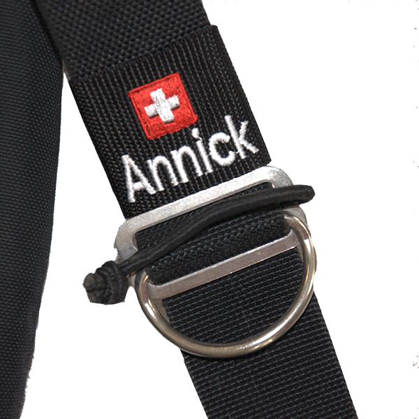 Personalised BCD badge with the name Annick and Swiss flag on a harness