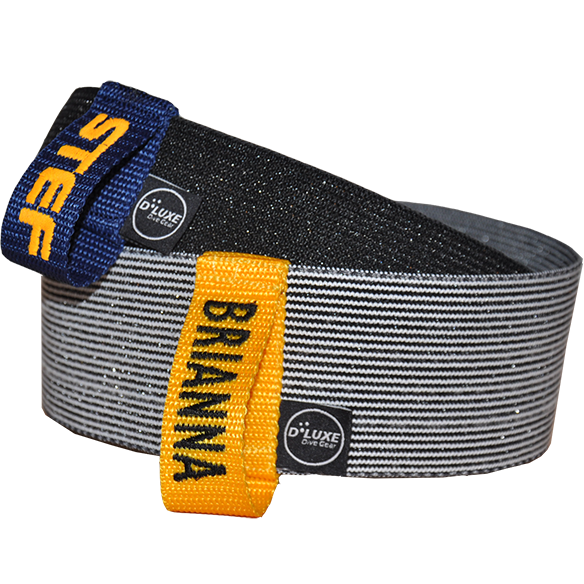 Personalised Dluxe EVO tank straps with names STEF and BRIANNA