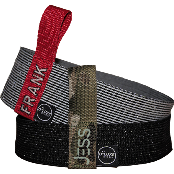 Personalised Dluxe STD tank straps with names FRANK and JESS