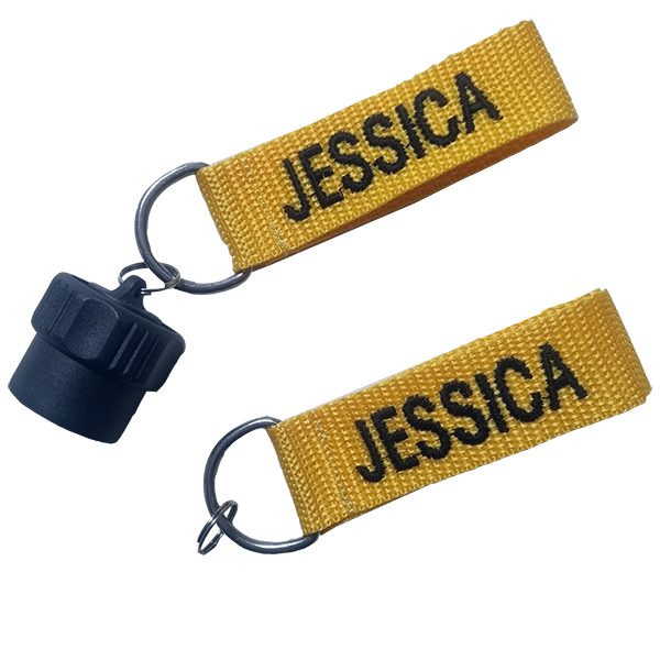 Personalised regulator cap markers with the name JESSICA and a DIN cap