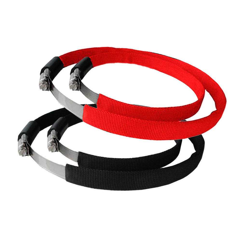 Dluxe stainless steel tank clamps with red and black nylon covers
