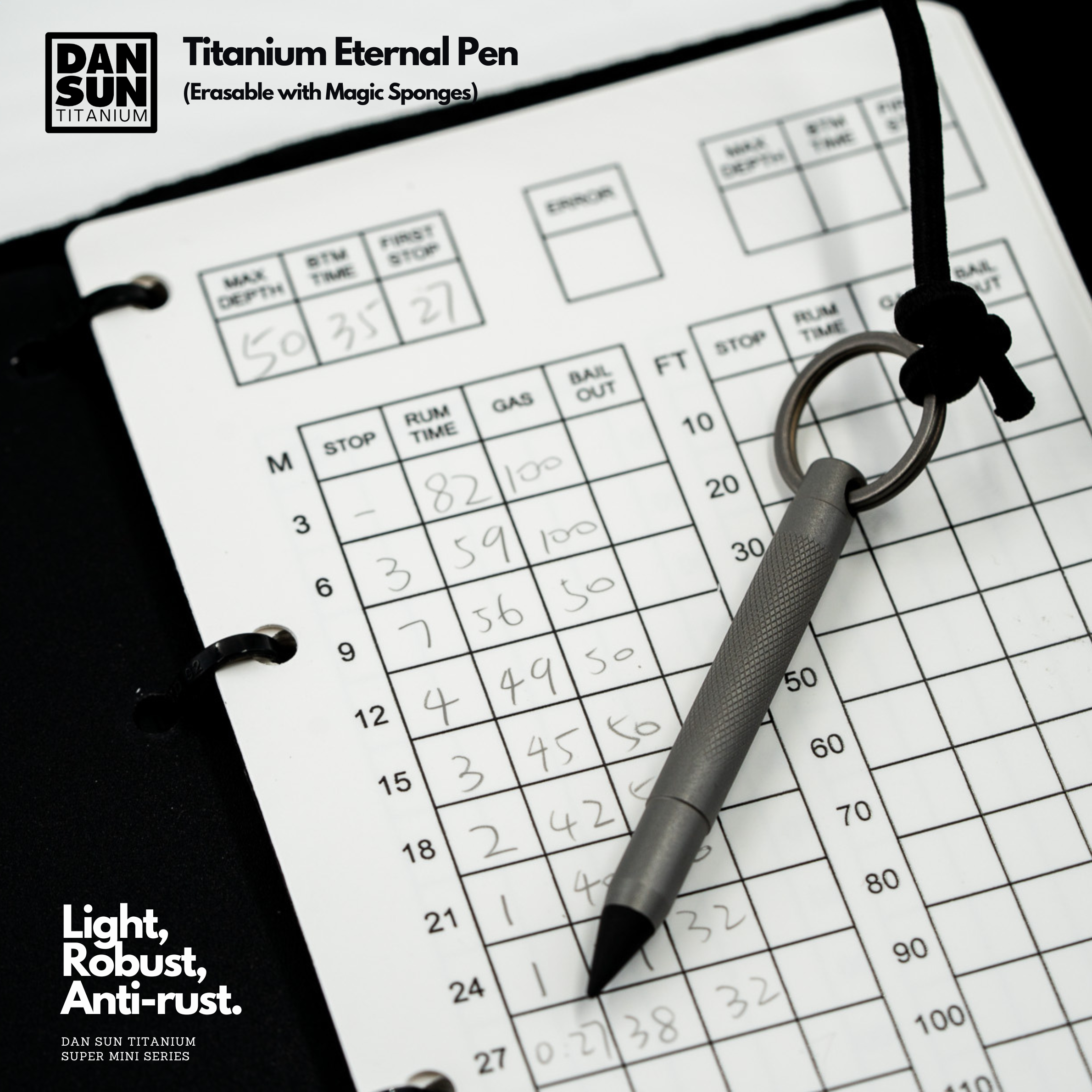 Titanium eternal pen clipped to wetnotes with a dive table