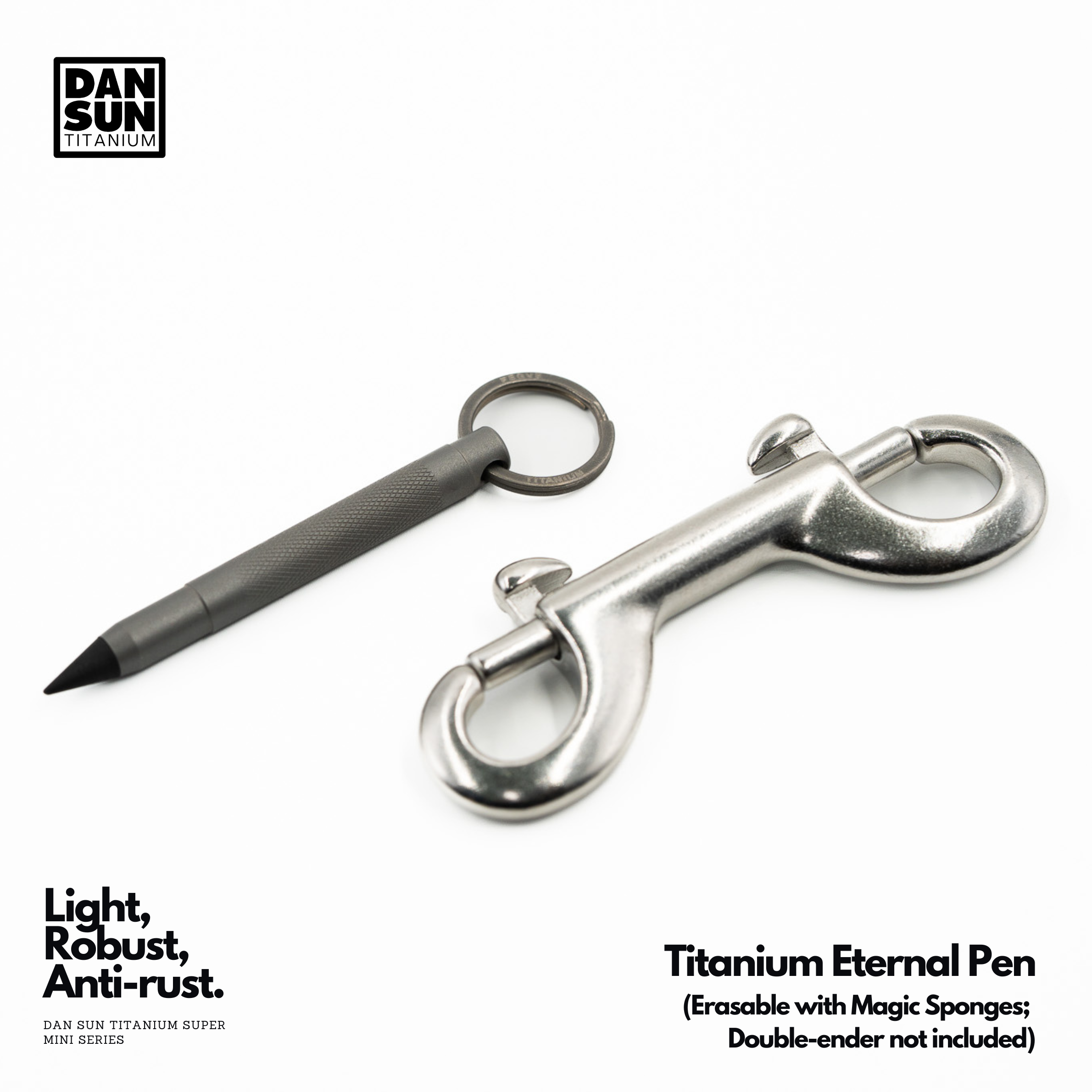 Titanium eternal pen next to a bolt snap (not included)