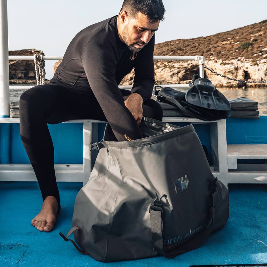 Fourth Element Argo Dry Bag 44L, carried on a dive trip