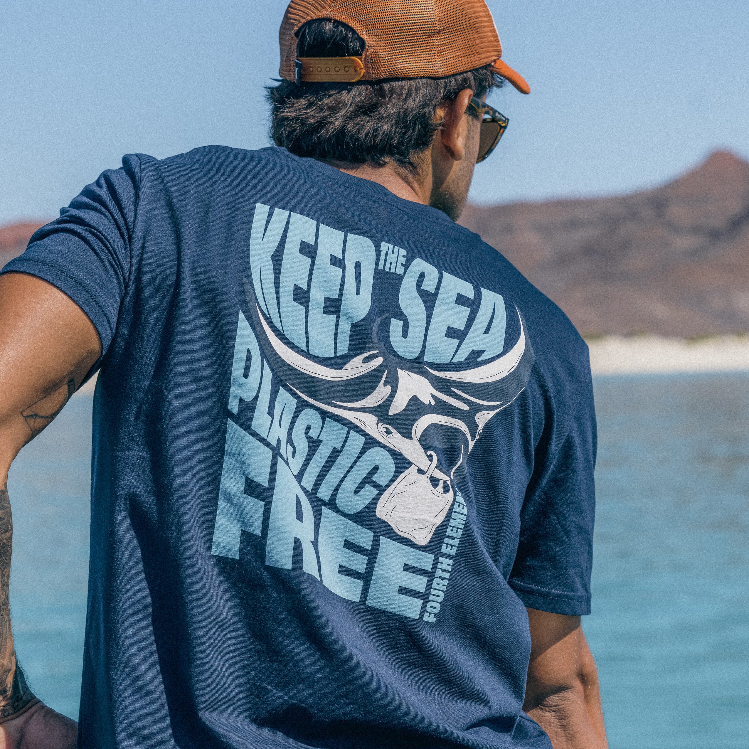Fourth Element Men's Plastic Free T-Shirt, Navy, worn by a diver
