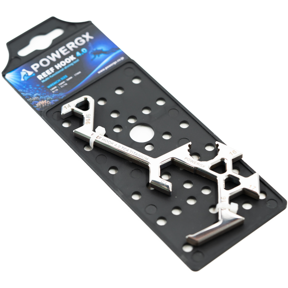 PowerGX Reef Hook 4.0 titanium multi-tool on its display card