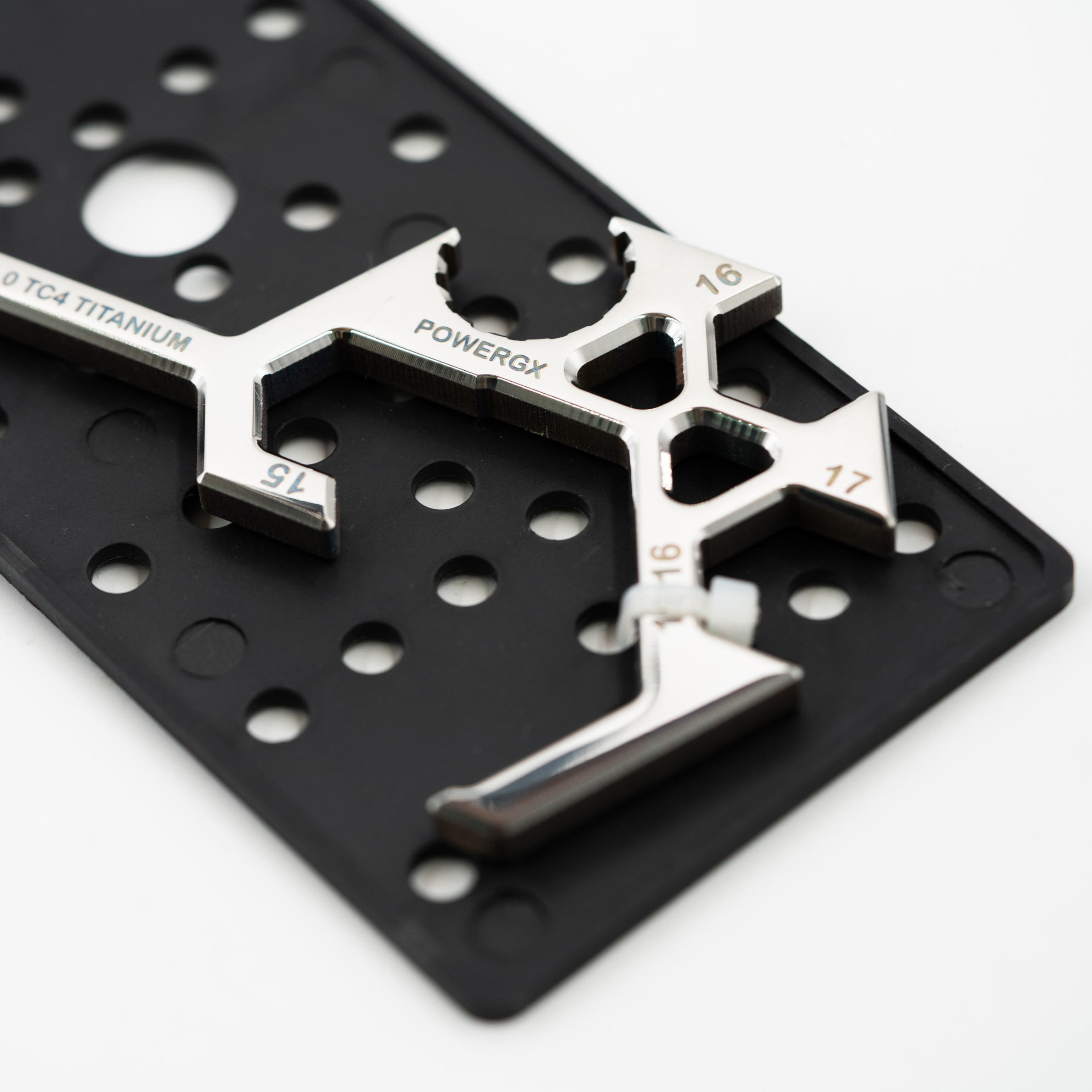 Titanium multi-tool wrench openings, close-up