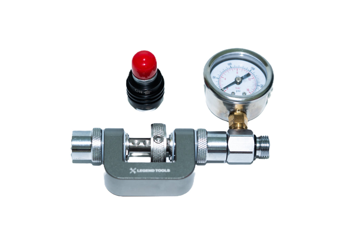 Second stage in-line adjusting tool with IP gauge and shut-off valve