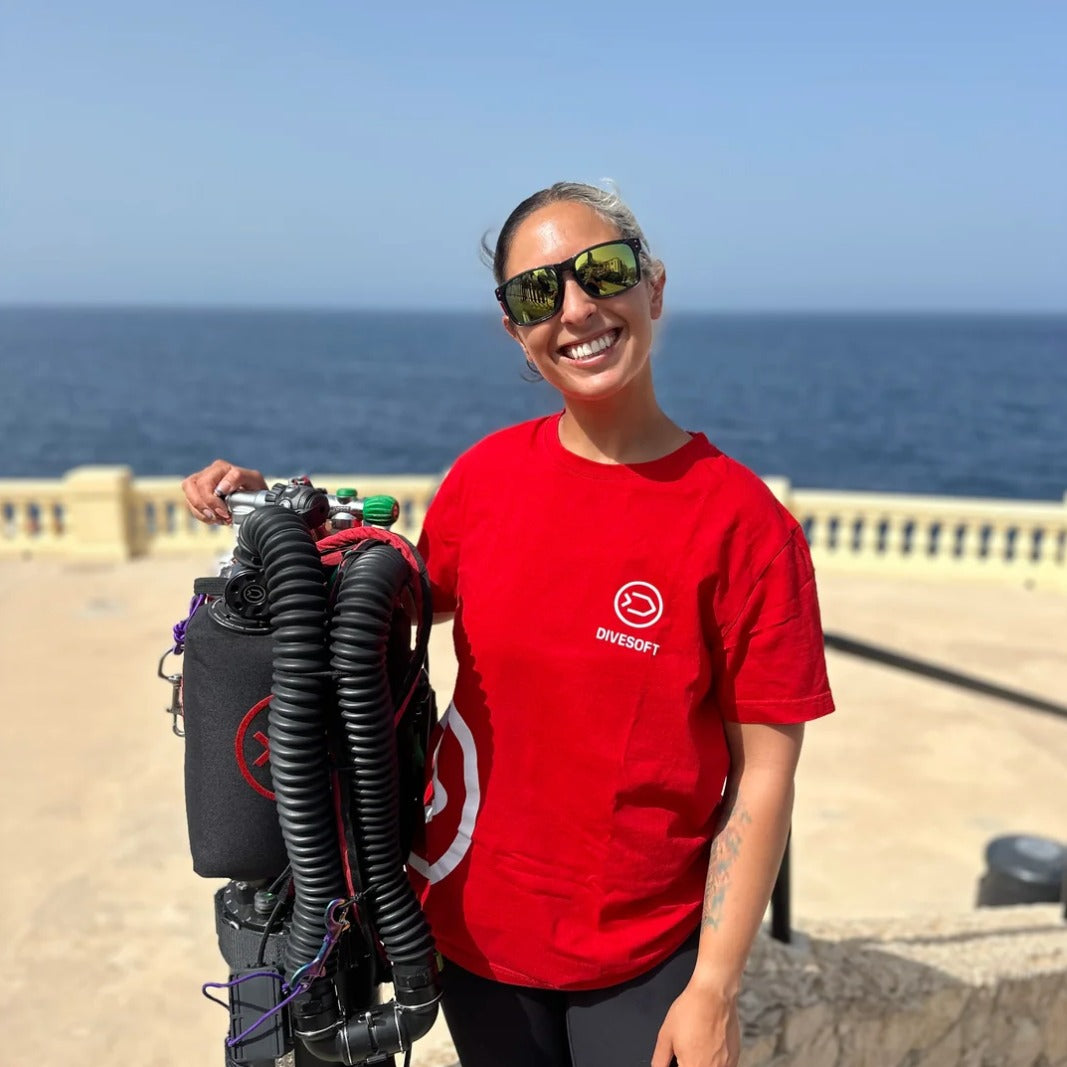 Black & White Diving instructor with a Divesoft Liberty rebreather on the Gozo coast